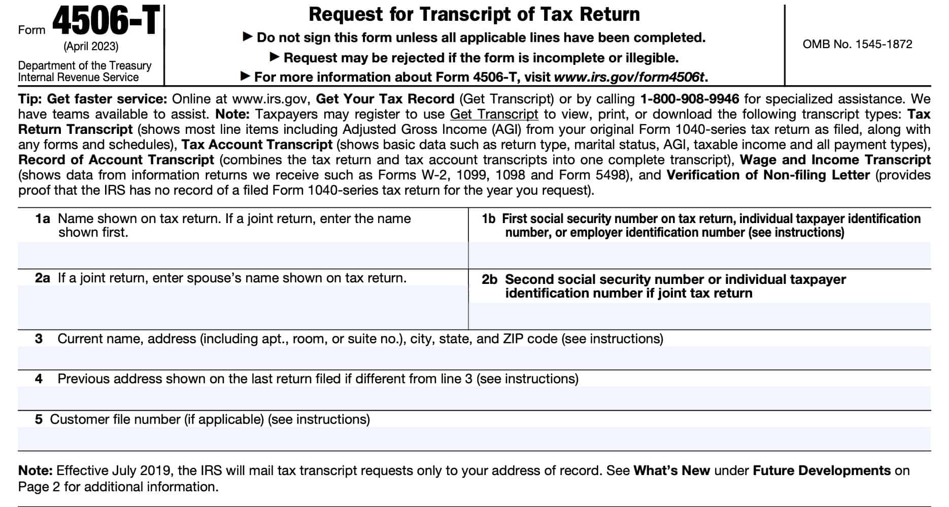 irs form 4506-T, request for transcript of tax return, taxpayer information