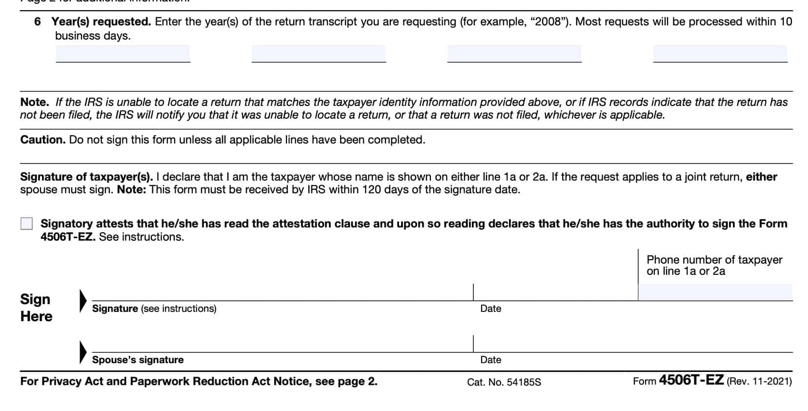 irs form 4506-t-ez, continued