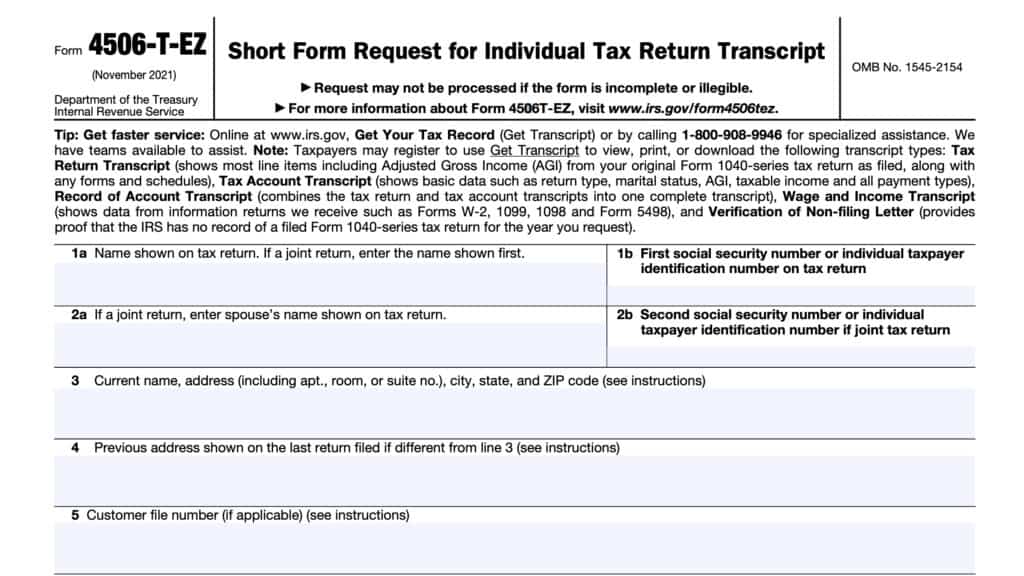 IRS Form 4506-T-EZ, Short Form Request For Individual Tax Return Transcript