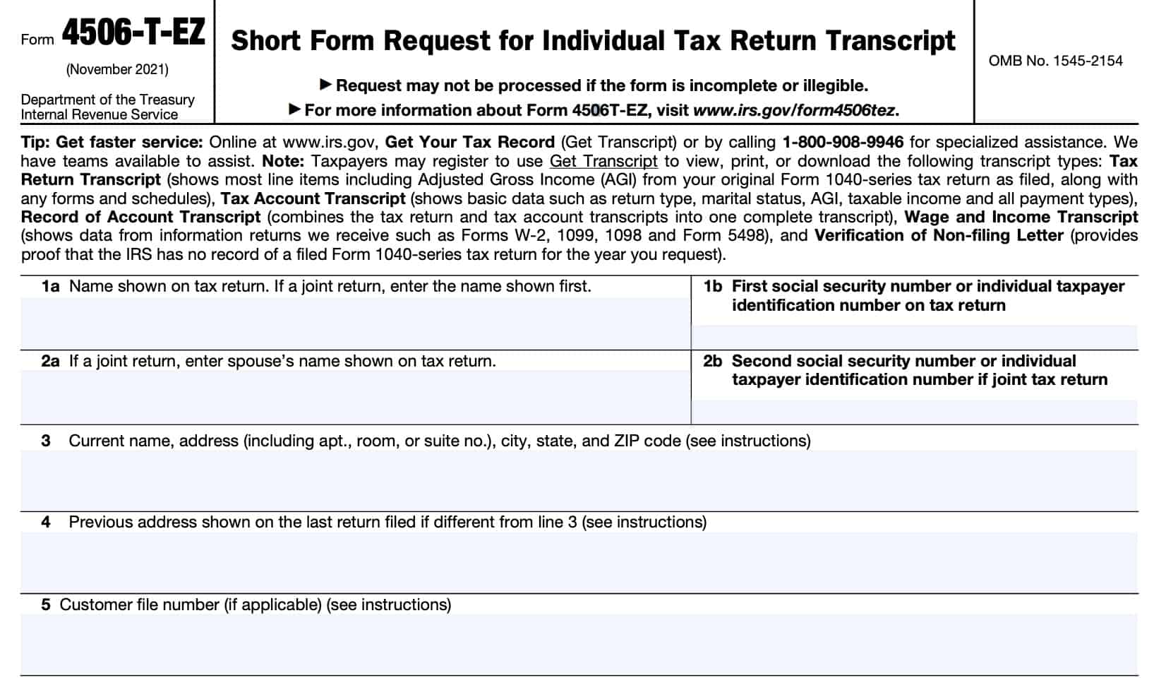 irs form 4506-t-ez, short form request for individual tax return transcript