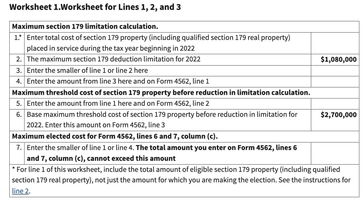 form 4562 Section 179 worksheet