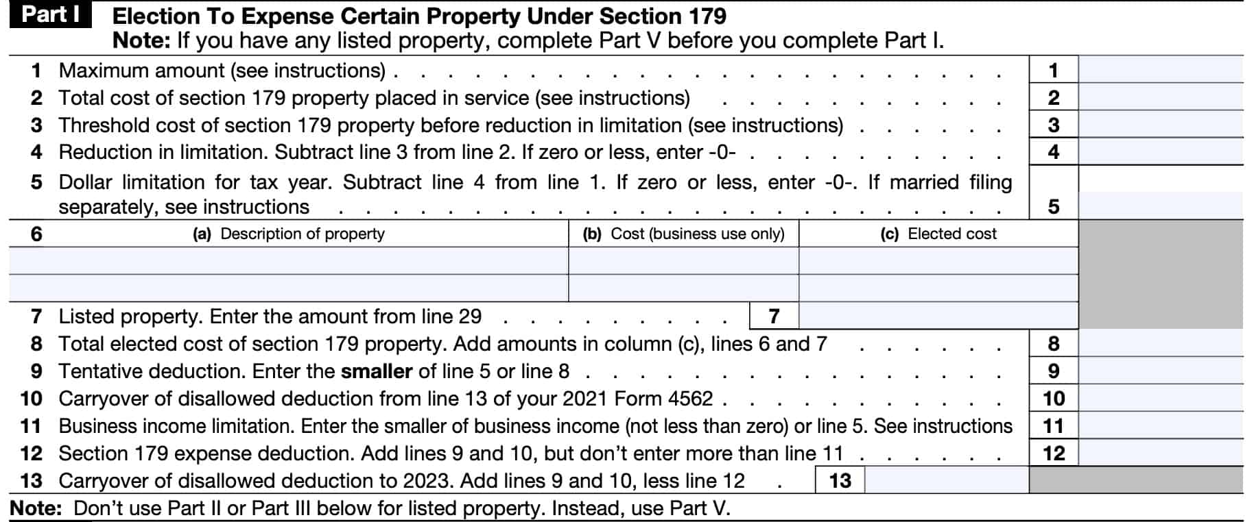 irs form 4562 part i: election to expense certain property under section 179