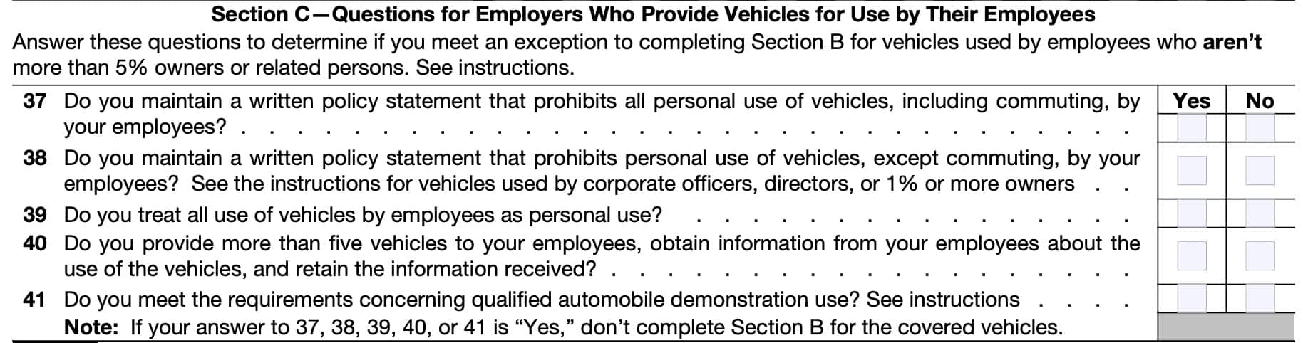 Part v section c: questions for employers who provide vehicles for use by employees