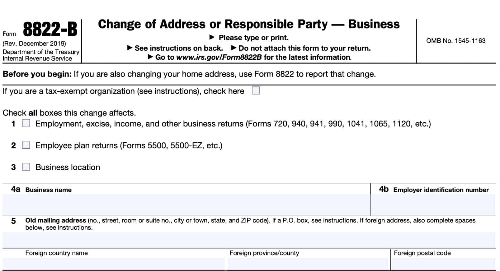 irs form 8822-b, change of address or responsible party - business, top