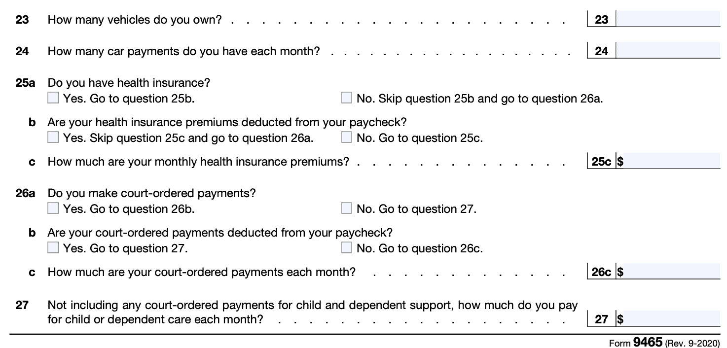lines 23 through 27 contain questions about nondiscretionary monthly payments