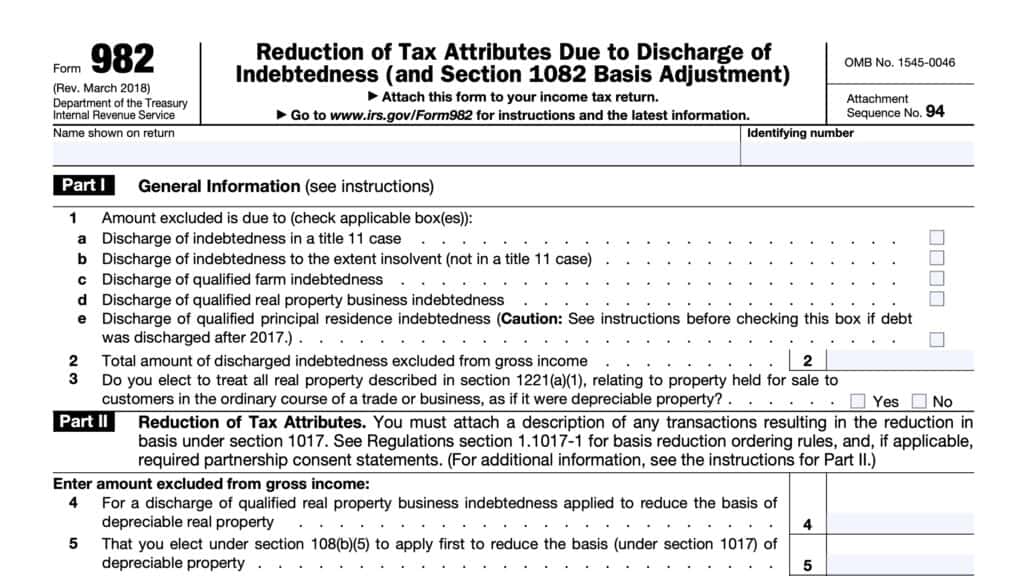 IRS Form 982, reduction of tax attributes due to discharge of indebtedness (and Section 1082 basis adjustments)