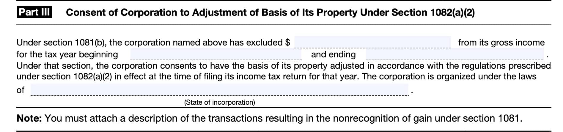 form 982 part iii, consent of corporation to adjustment of basis of its property under Section 1082(a)(2)