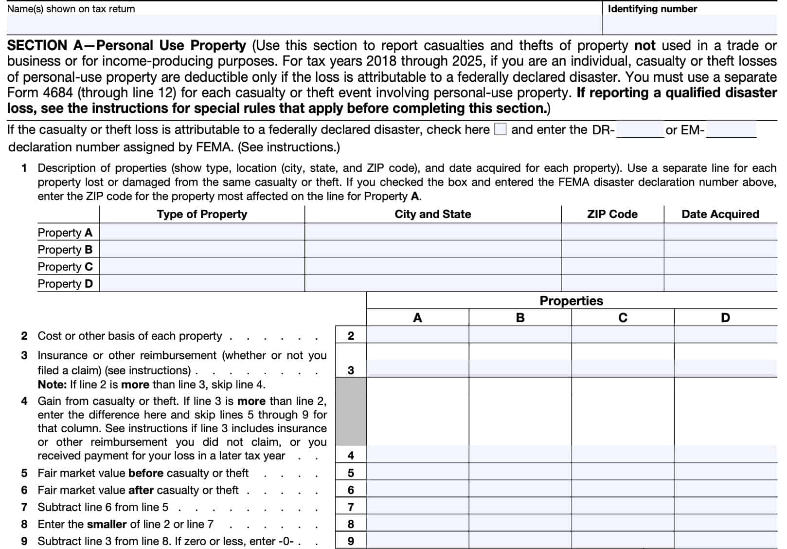 irs form 4684, casualty and thefts, section a-personal use property