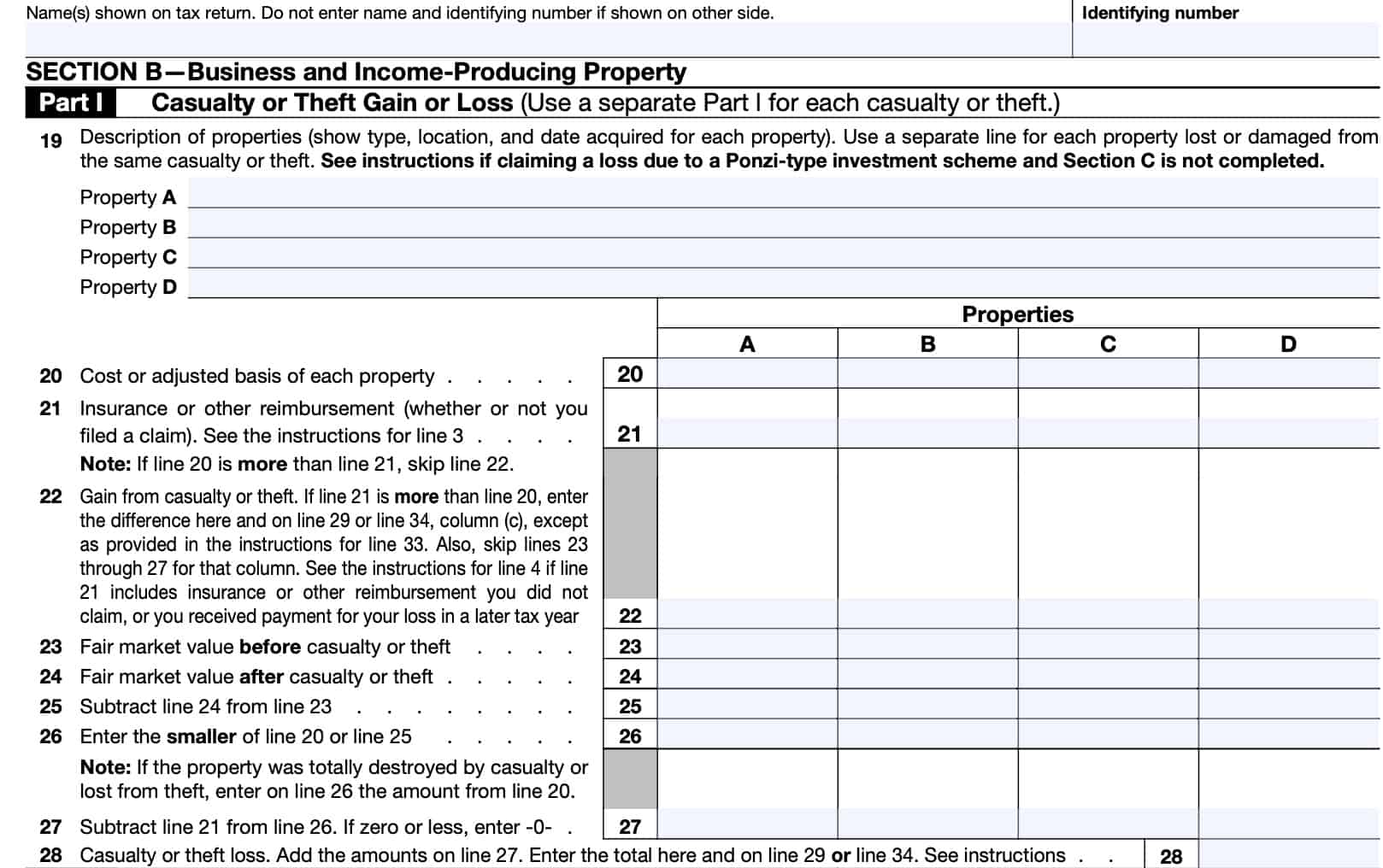 irs form 4684, casualty and thefts, section b-business & income-producing property, part i: casualty or theft gain or loss