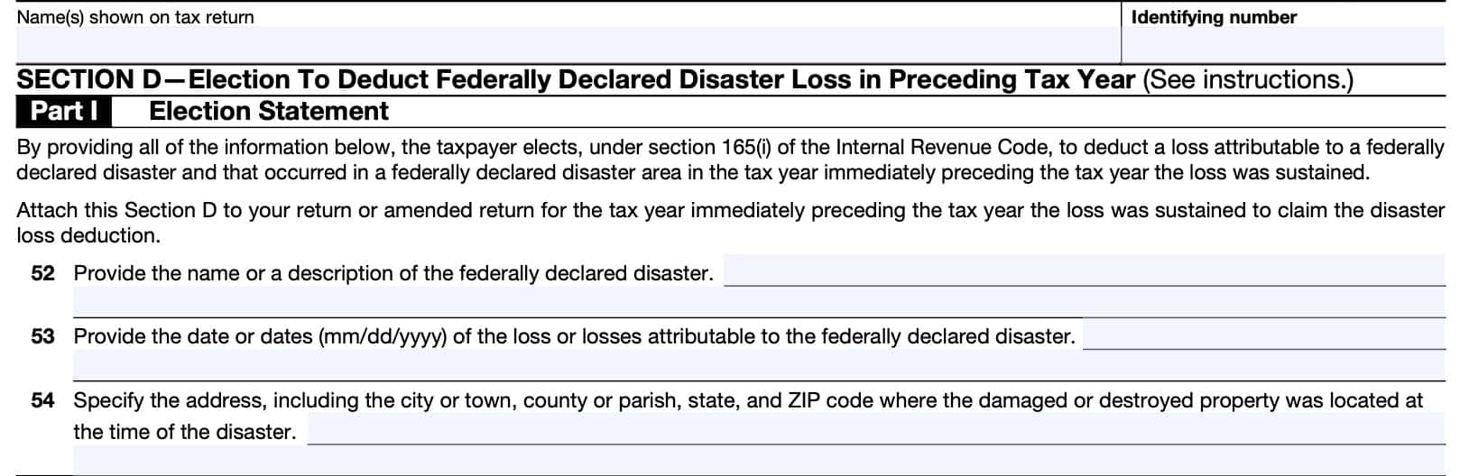 irs form 4684, section d-election to deduct federally declared disaster loss in preceding tax year, part i: election statement