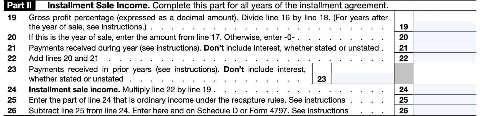 irs form 6252 part ii: installment sale income