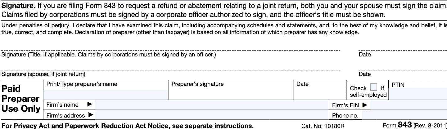 taxpayer signature field at bottom of form 843