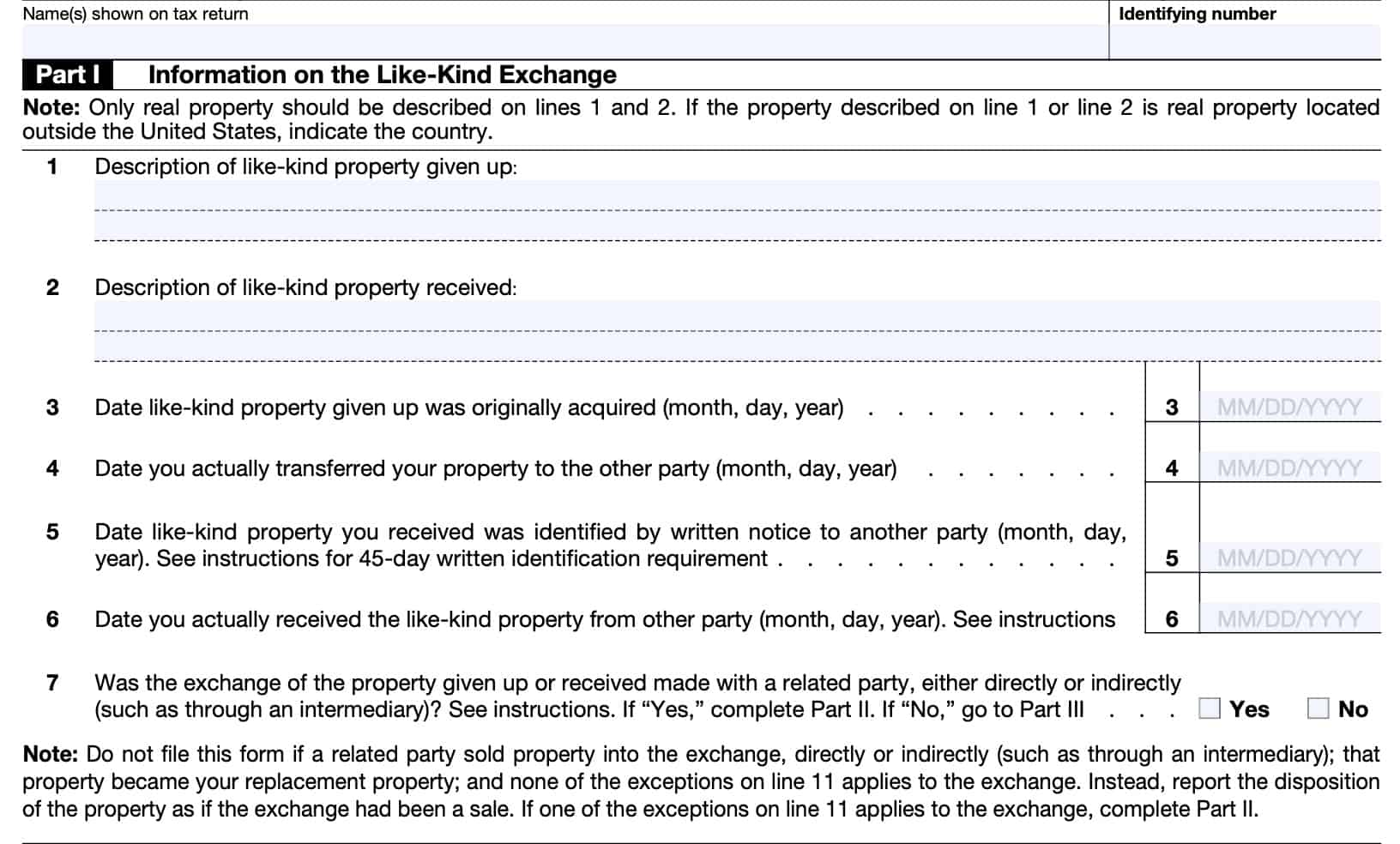irs form 8824, part i: information on the like-kind exchange