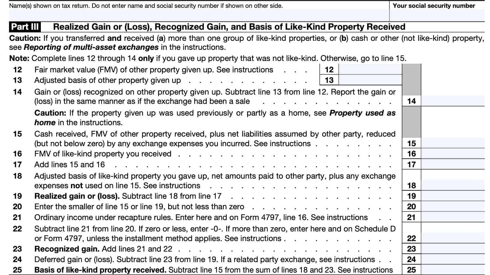 part iii: realized gain or loss, recognized gain, and basis of like-kind property received