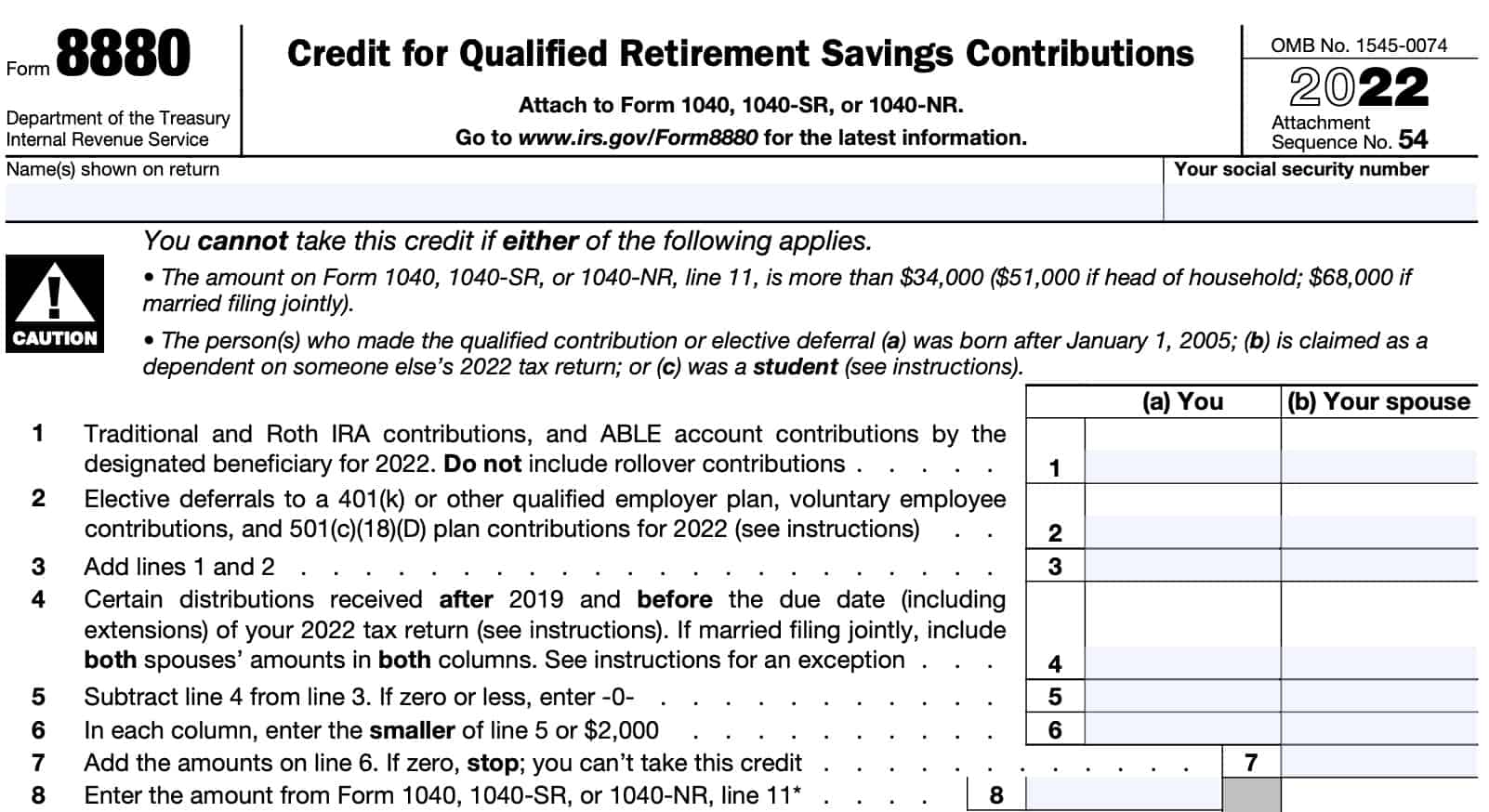 irs form 8880, lines 1 through 8