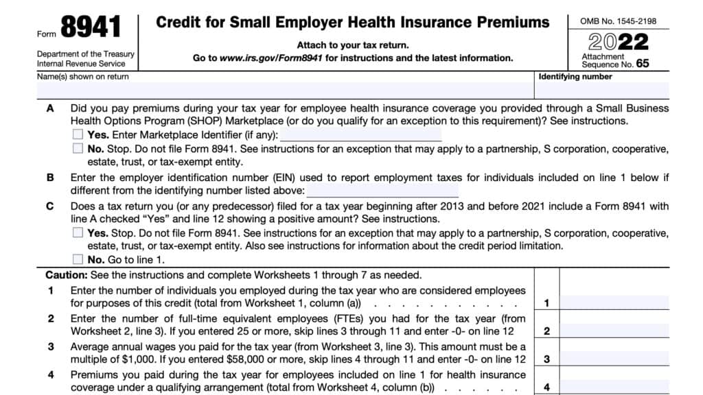 irs form 8941, credit for small employer health insurance premiums