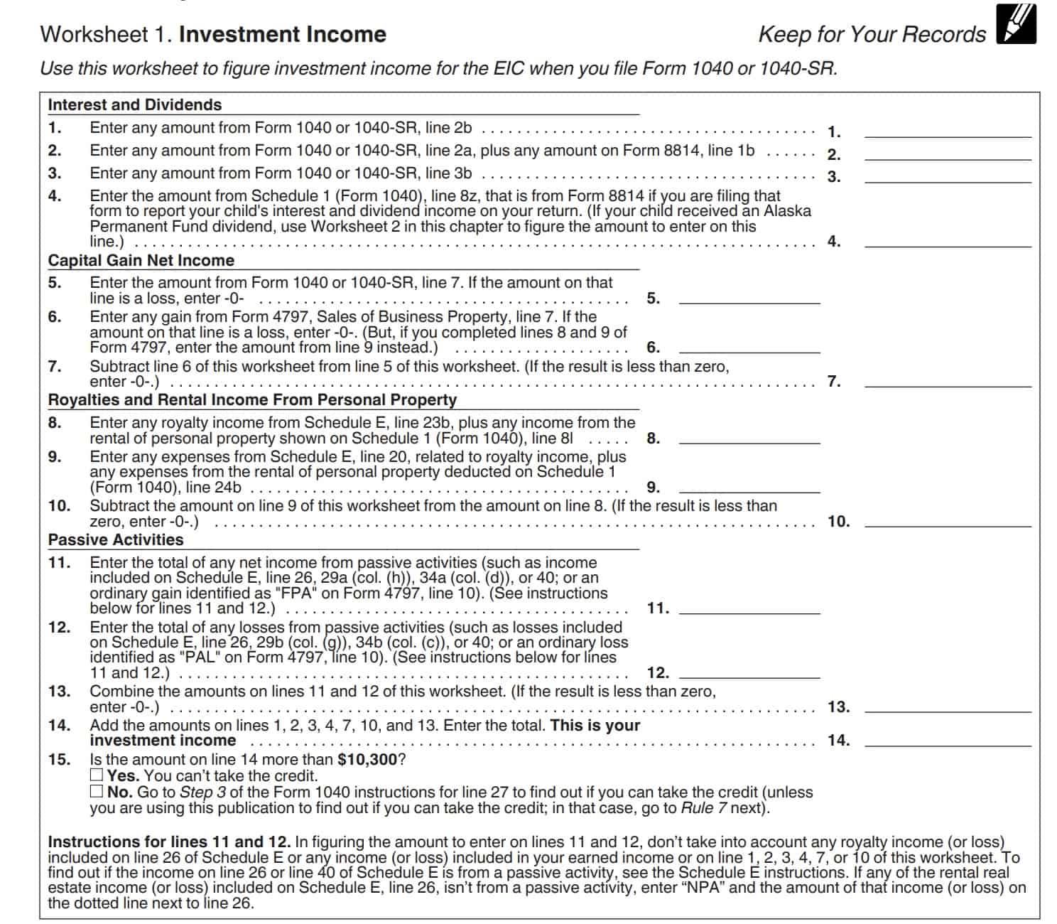 investment income worksheet for EITC purposes