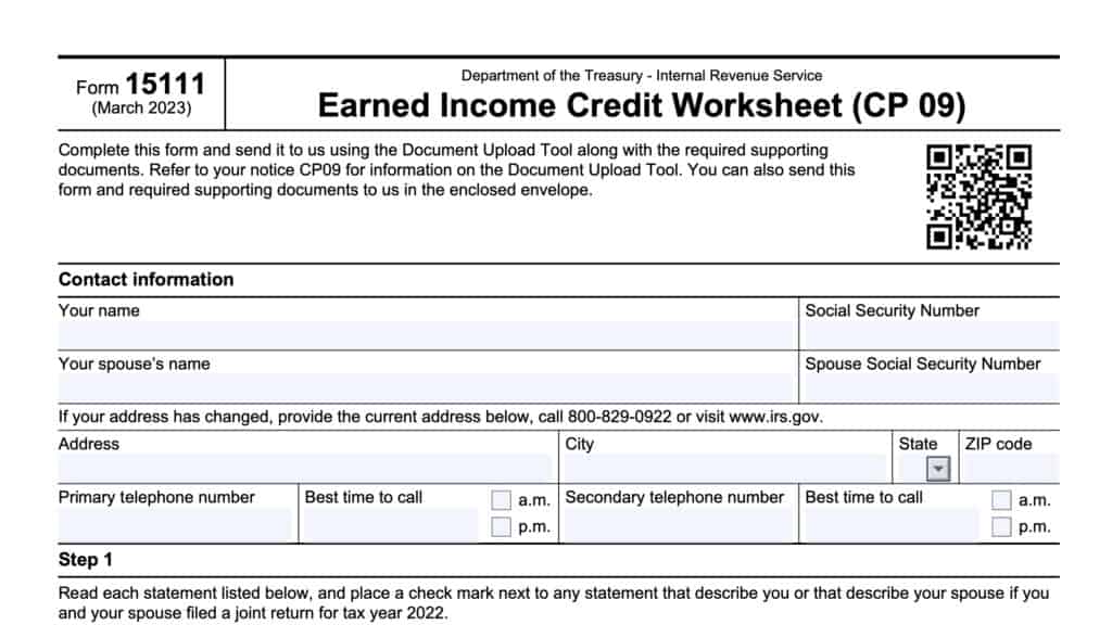 irs form 15111, earned income credit worksheet (CP 09)