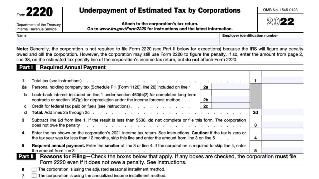 irs form 2220, underpayment of estimated tax by corporations