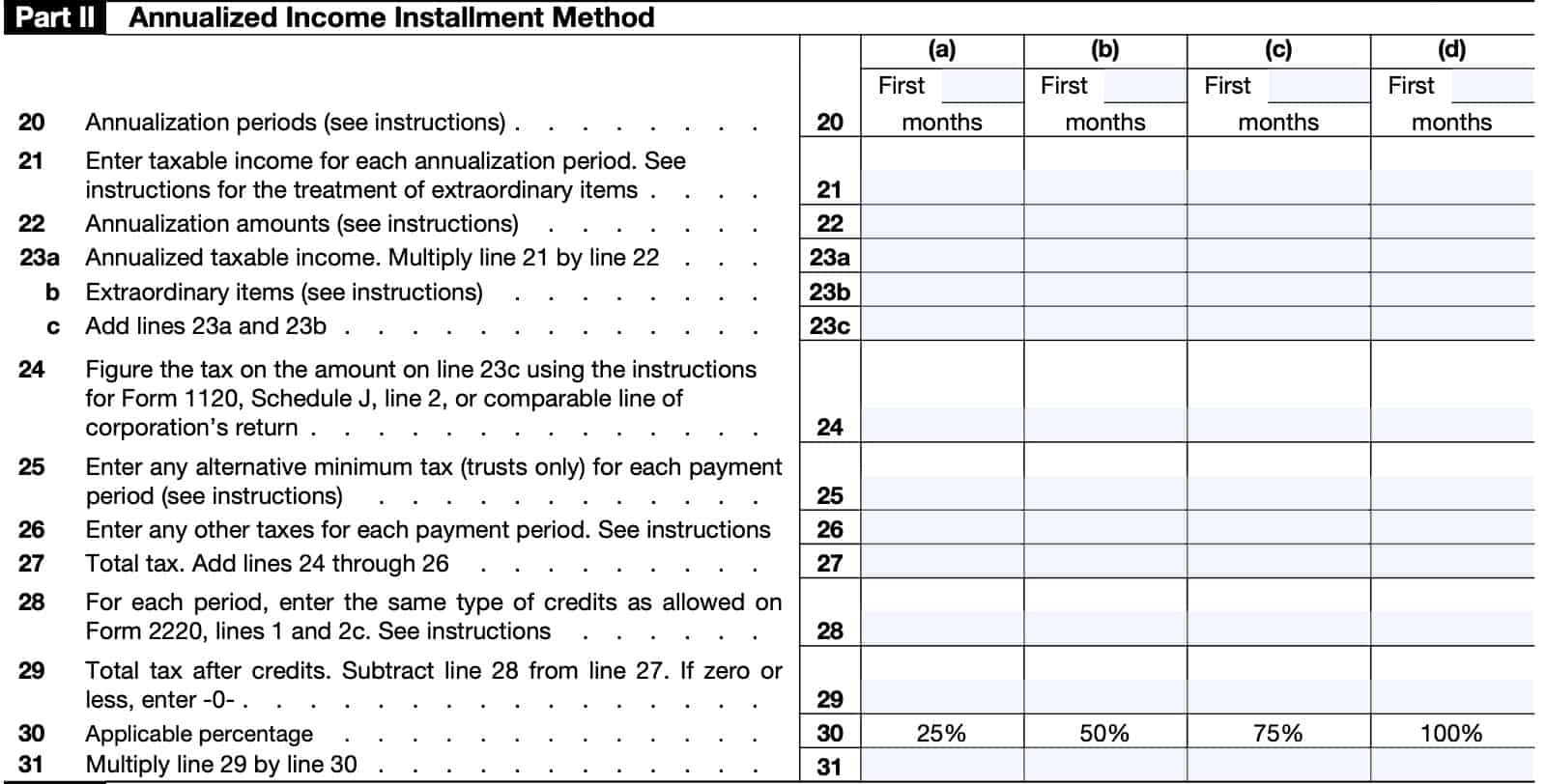 Schedule A, Part II: Annualized Income Installment Method