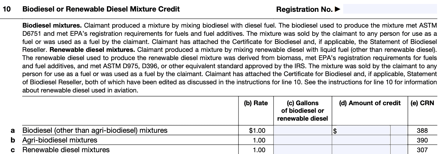 irs form 4136 line 10: biodiesel or renewable diesel mixture credit