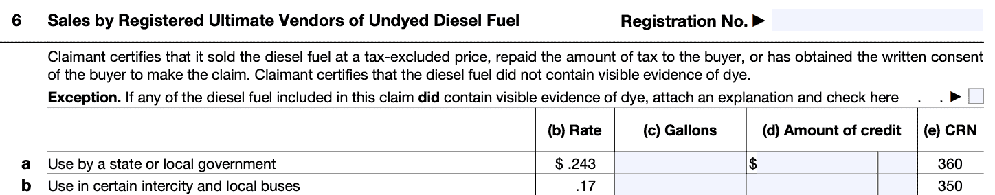 irs form 4136 line 6, sales by registered ultimate vendors of undyed diesel fuel
