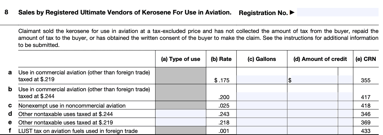 irs form 4136 line 8, sales by registered ultimate vendors of kerosene for use in aviation