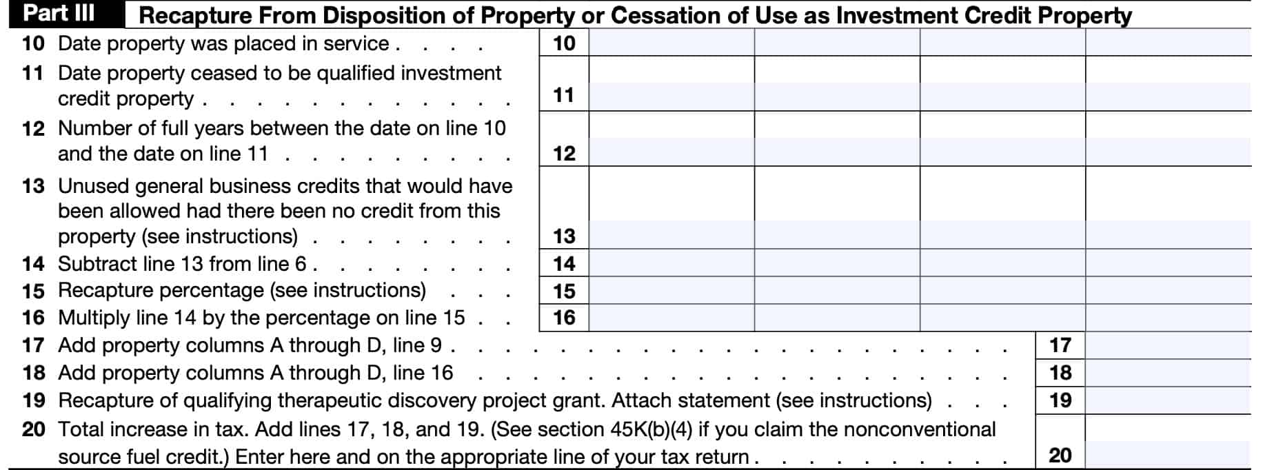 irs form 4255 part iii: recapture from disposition of property or cessation of use as investment credit property
