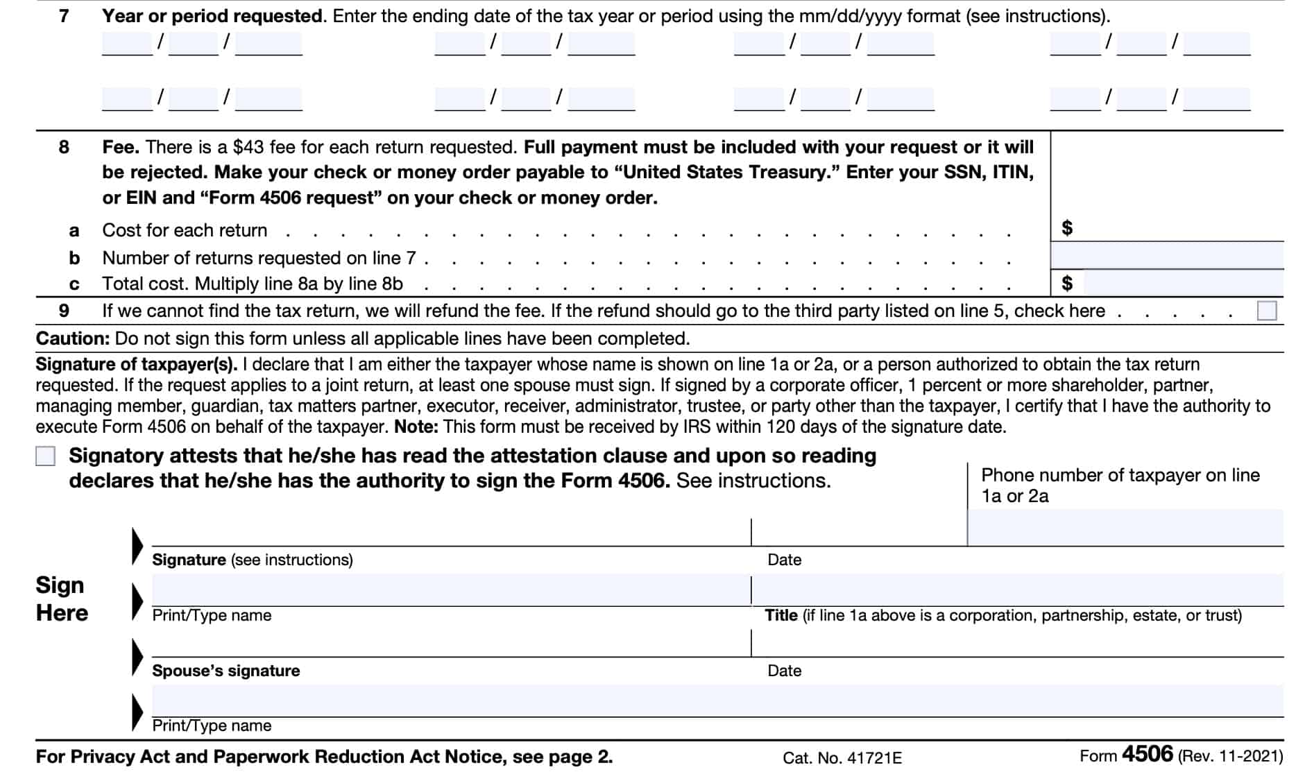 irs form 4506, lines 7-9