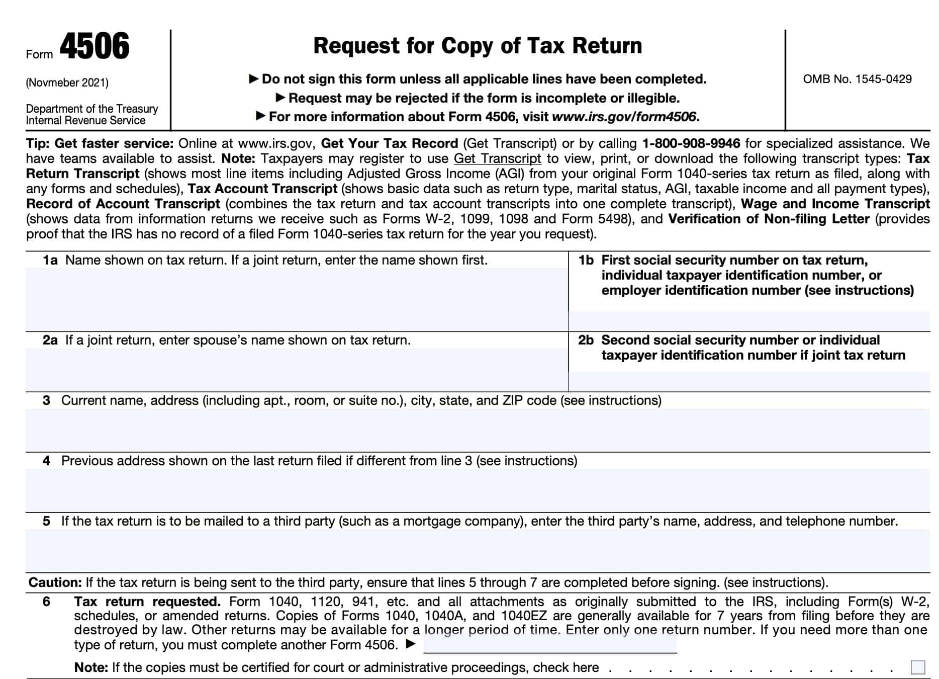 irs form 4506, lines 1-6