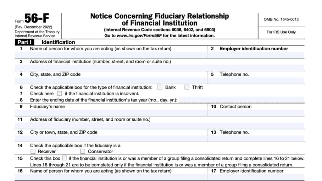 irs form 56-f, notice concerning fiduciary relationship of financial institution