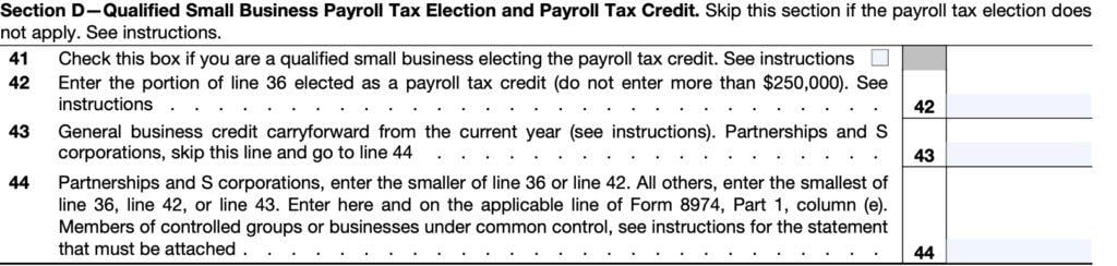 irs form 6765 section d calculates small business payroll tax election & payroll tax credit