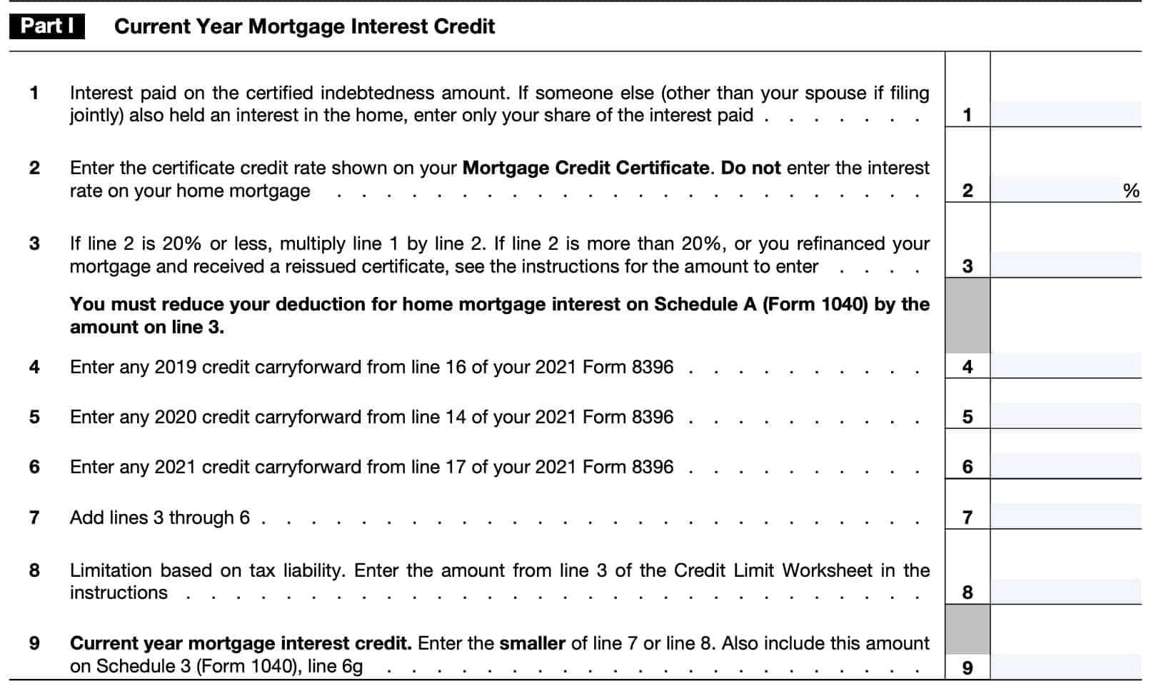 Form 8396 part I: current year mortgage interest credit