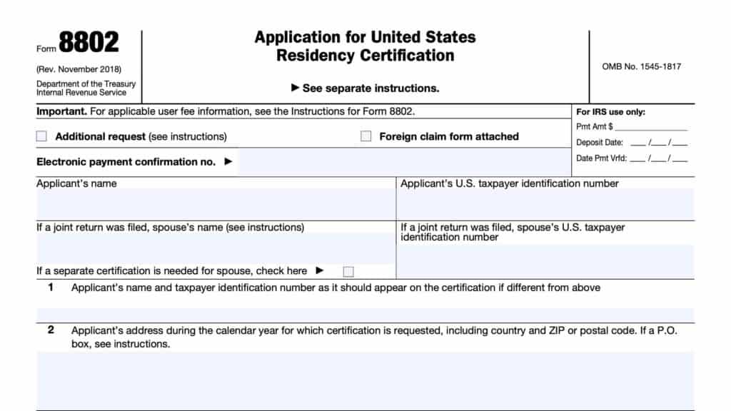 irs form 8802, application for united state residency certification