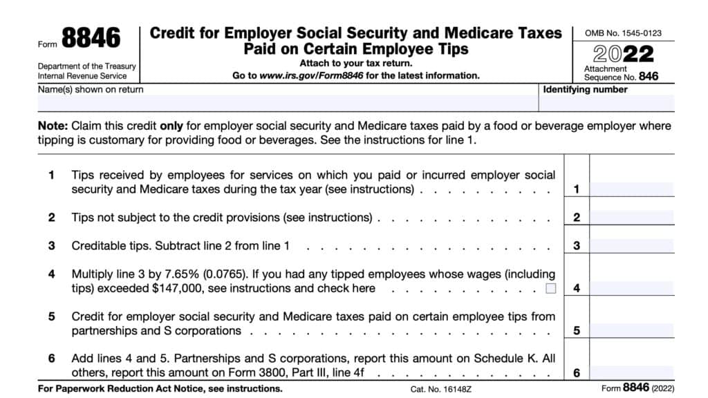 irs form 8846, credit for employer social security and medicare taxes paid on certain employee tips
