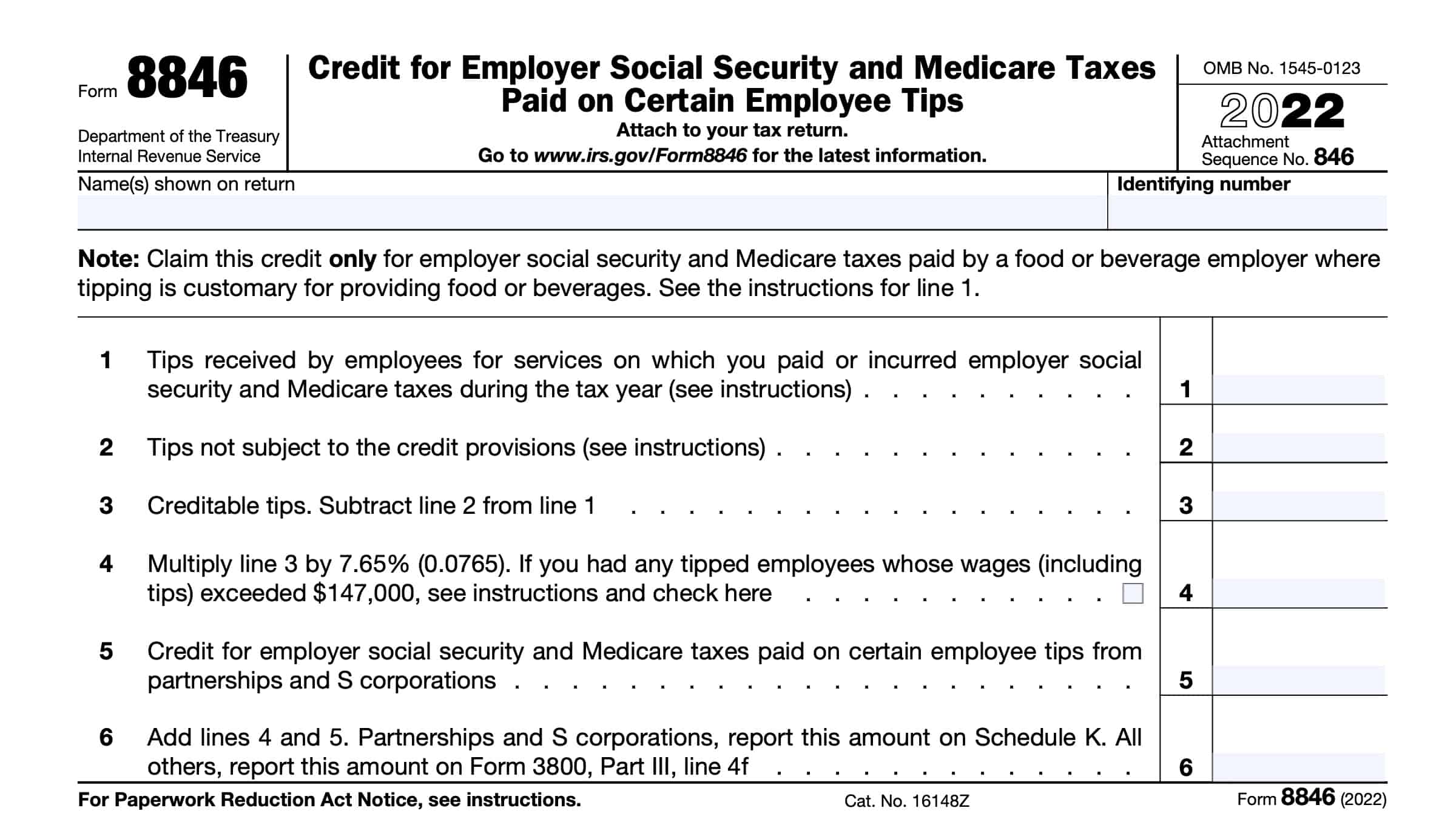 irs form 8846, credit for employer FICA taxes paid on employee tip income