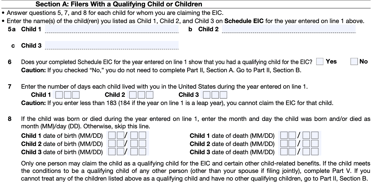 Section A: Filers with a qualifying child or children