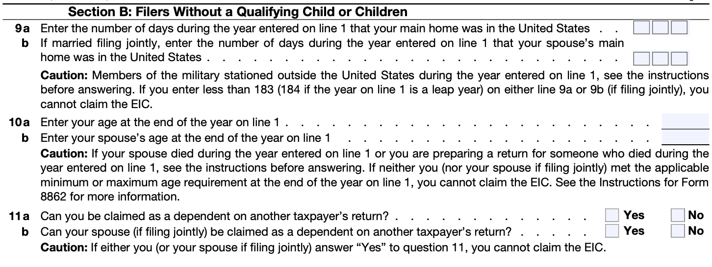 Section b: filers without a qualifying child or children