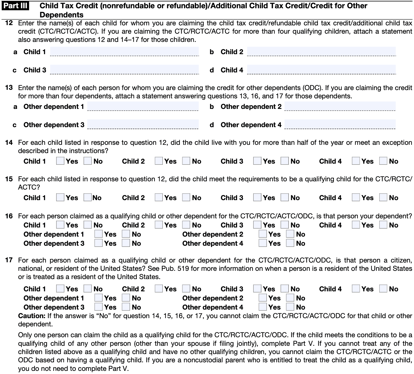 irs form 8862: part III: child tax credit, additional child tax credit, or credit for other dependents