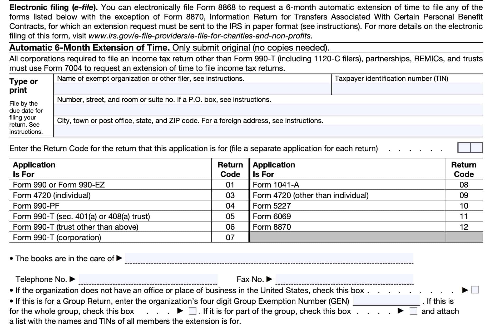 irs form 8868, top of form