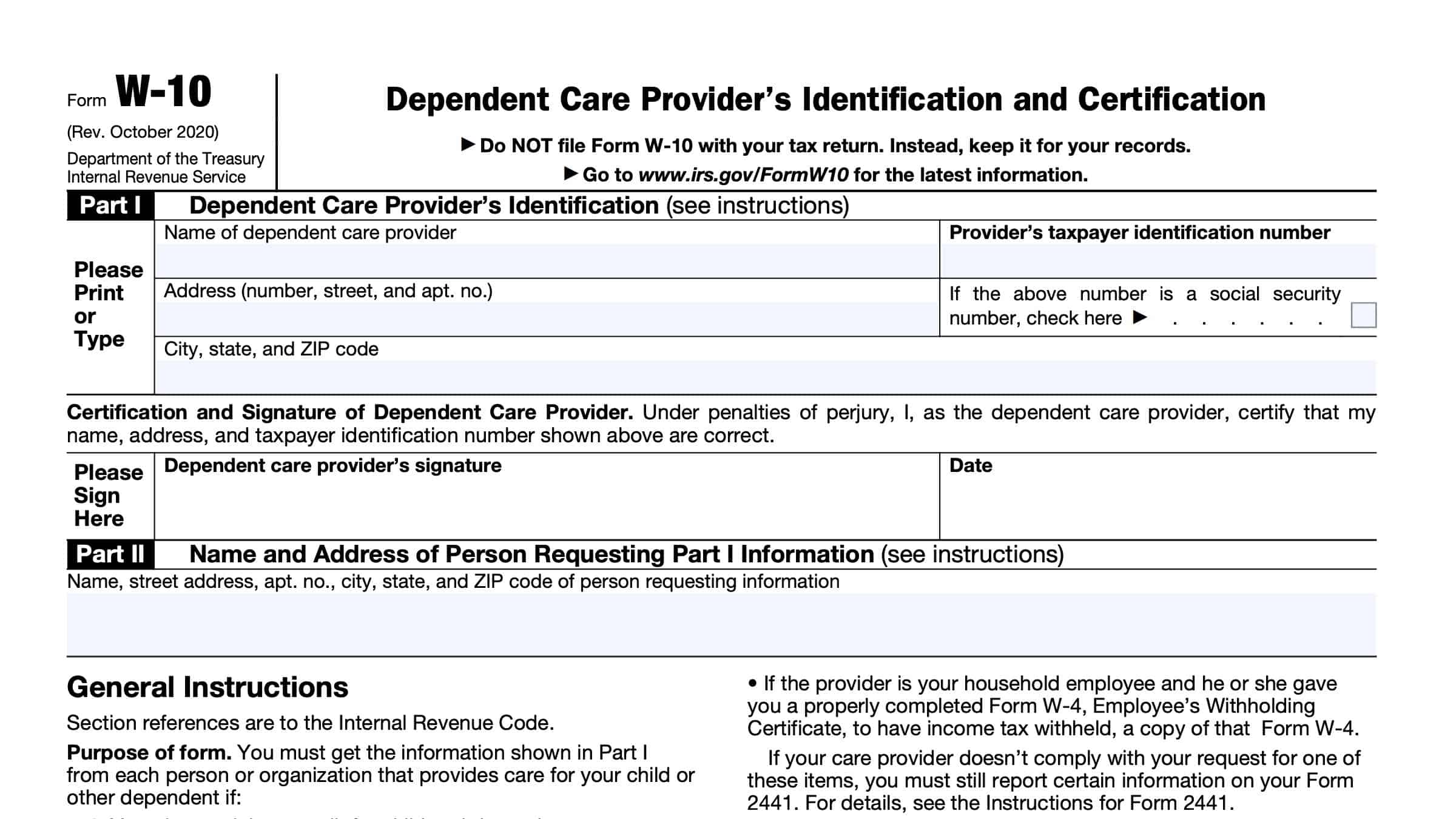 irs form w-10, dependent care provider's identification and certification
