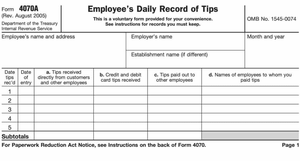 irs form 4070-a, employee's daily record of tips