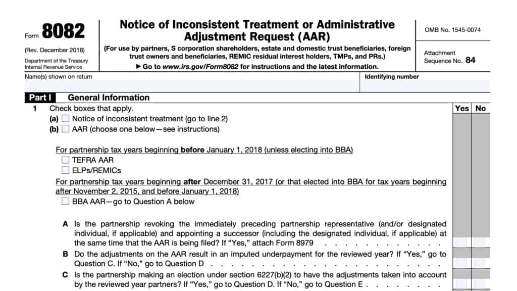 irs form 8082, notice of inconsistent treatment or administrative adjustment request (aar)