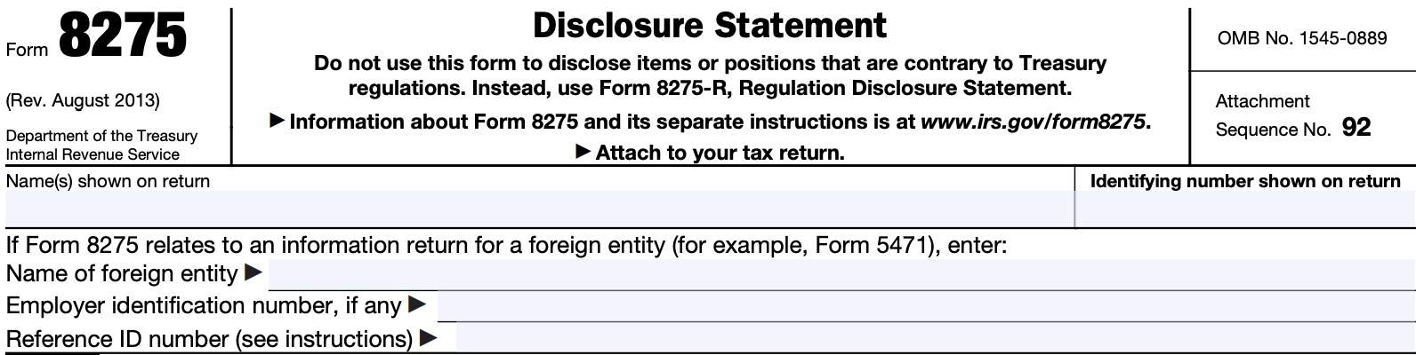 IRS Form 8275, taxpayer information & foreign entity information fields