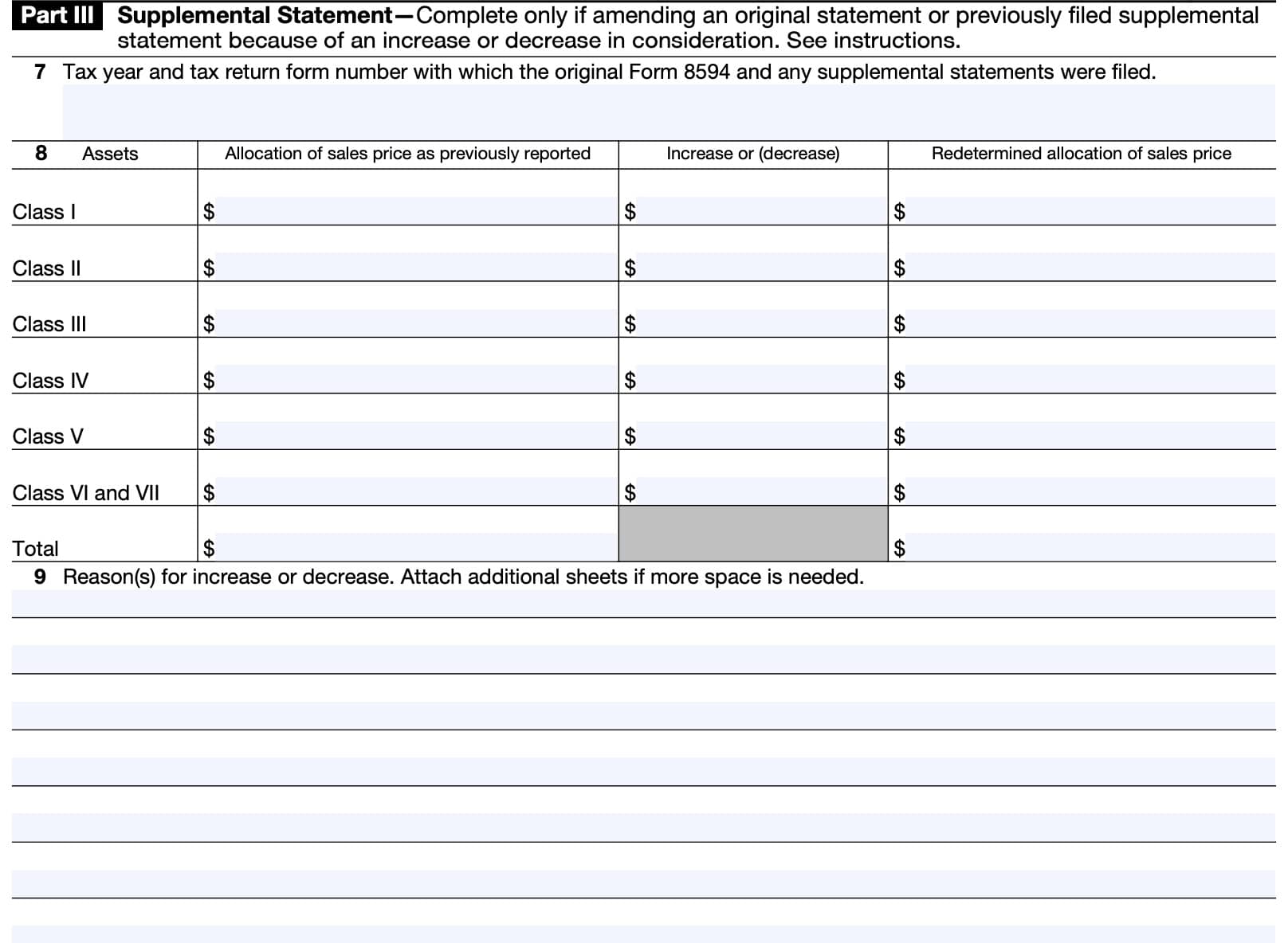 irs form 8594 part III: supplemental statement