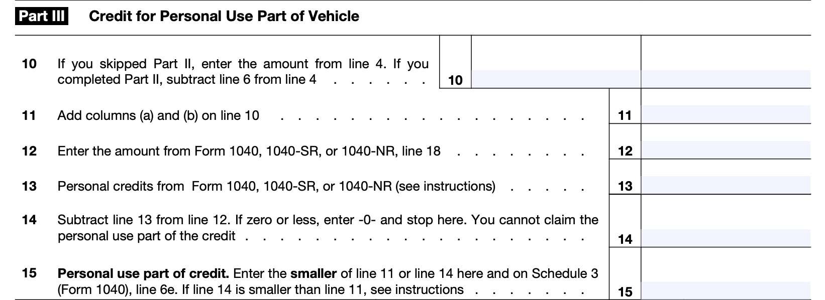 irs form 8910 part iii, credit for personal use part of vehicle