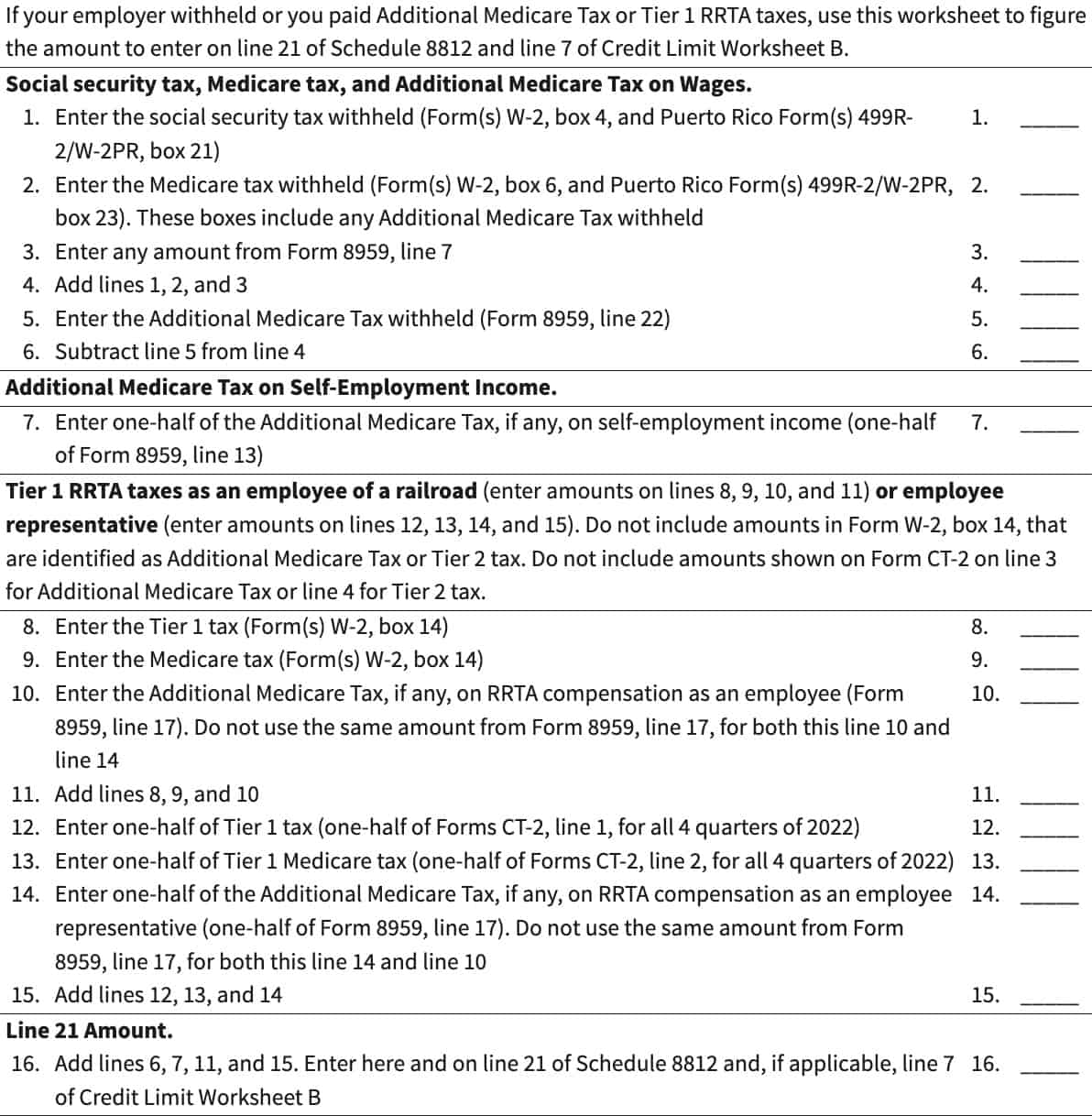 schedule 8812, additional medicare tax or tier 1 RRTA tax worksheet