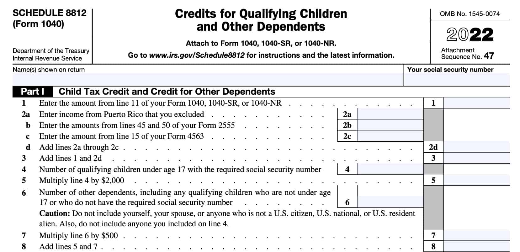 Schedule 8812, part I: child tax credit & credit for other dependents