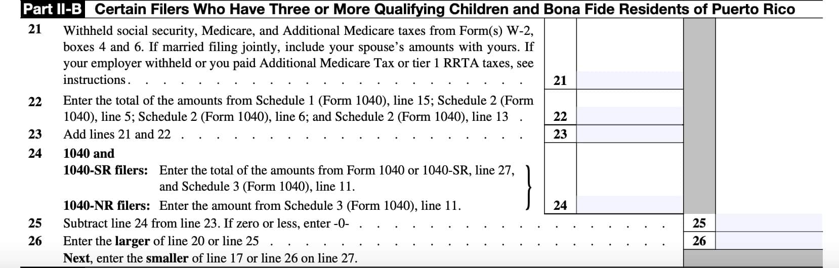 Schedule 8812, part II-B: 3 or more qualifying children and bona fide residents of puerto rico