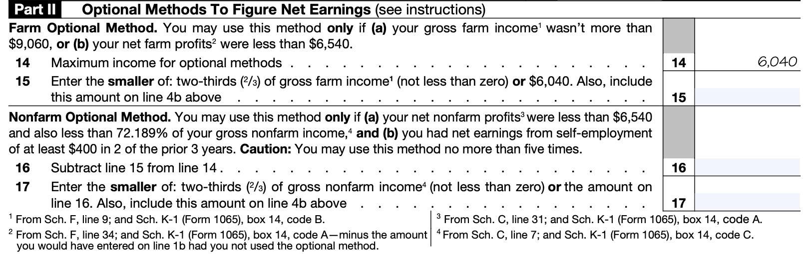 Schedule SE Part II: Optional methods to figure net earnings